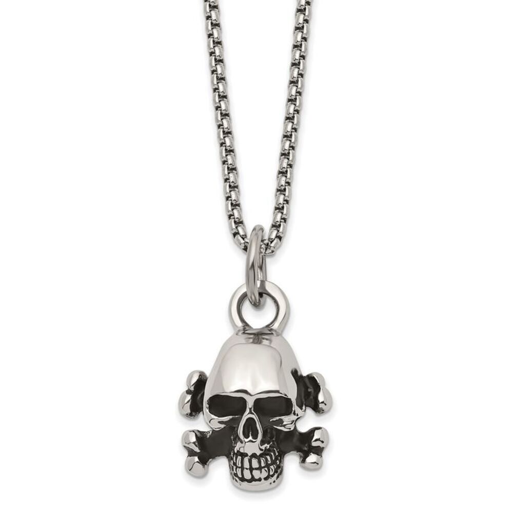 Mens Stainless Steel Antiqued & Polished Small Skull Necklace, 24 Inch